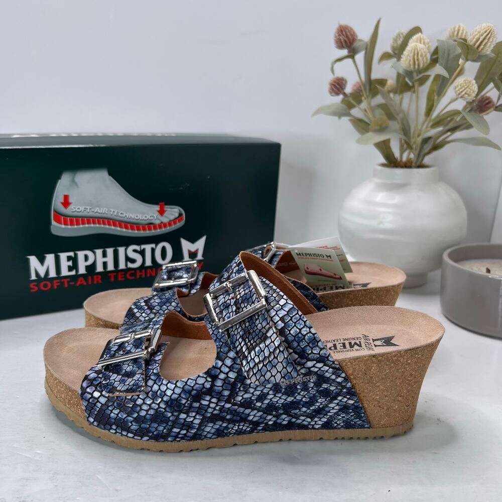 Mephisto Lenia Wedge Snakeskin Leather Sandal Blue Women's 10 NWB